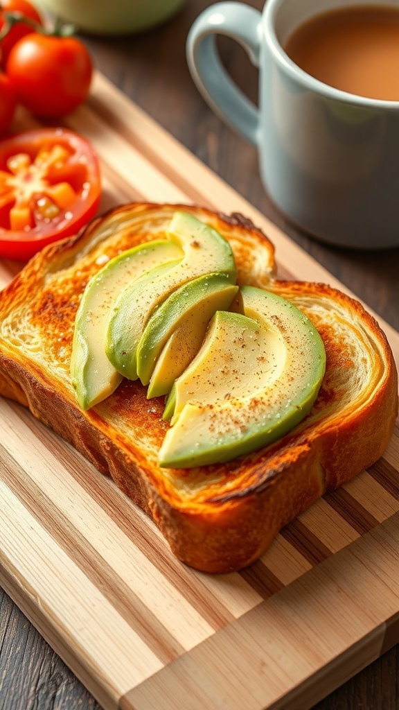 A golden-brown slice of toast topped with avocado, served with fresh tomatoes and coffee.